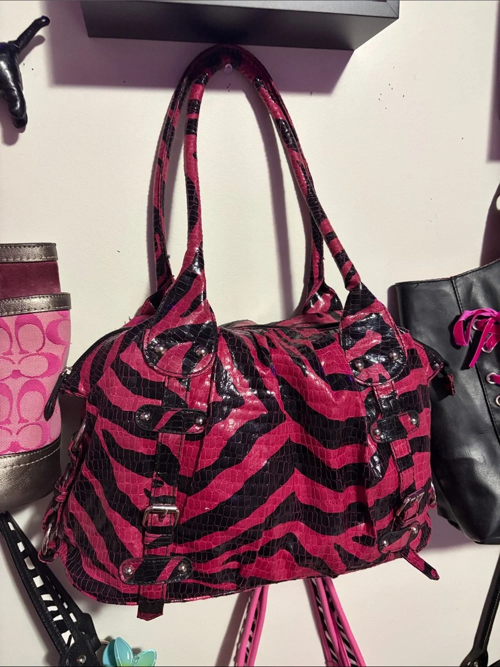 Pink and Black Zebra Print Shoulder Bag
